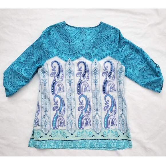 Chicos Lightweight Turquoise 3/4 Sleeve Boho Print Tunic Top Tassels Size M - Picture 2 of 9